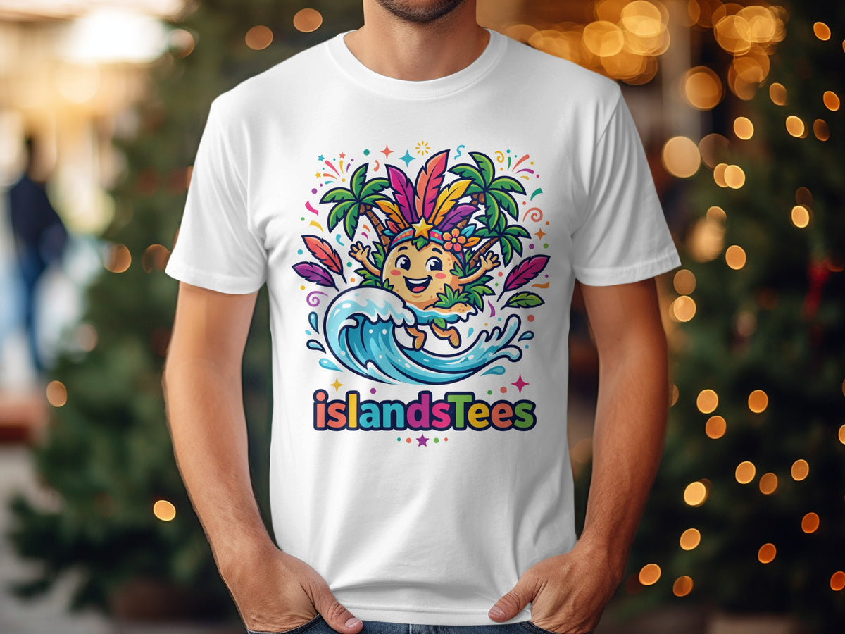 Cartoon pineapple character with feathers surfing a wave, "islandsTees" text.