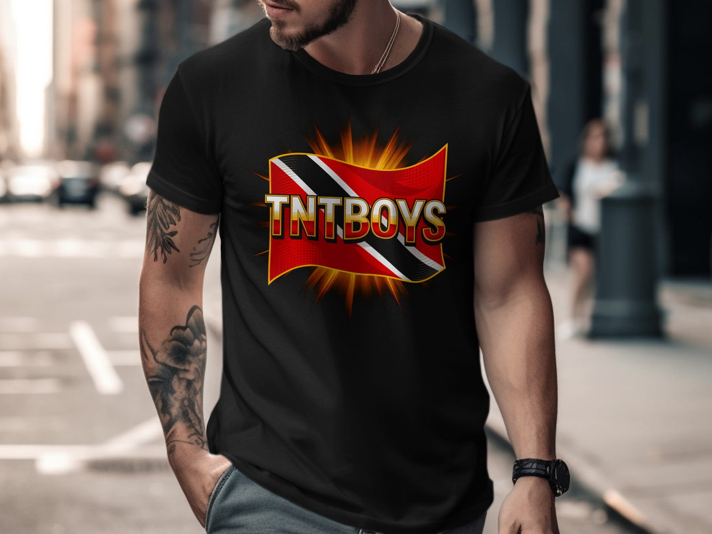 Black t-shirt with a TNTBOYS logo featuring the Trinidad and Tobago flag.