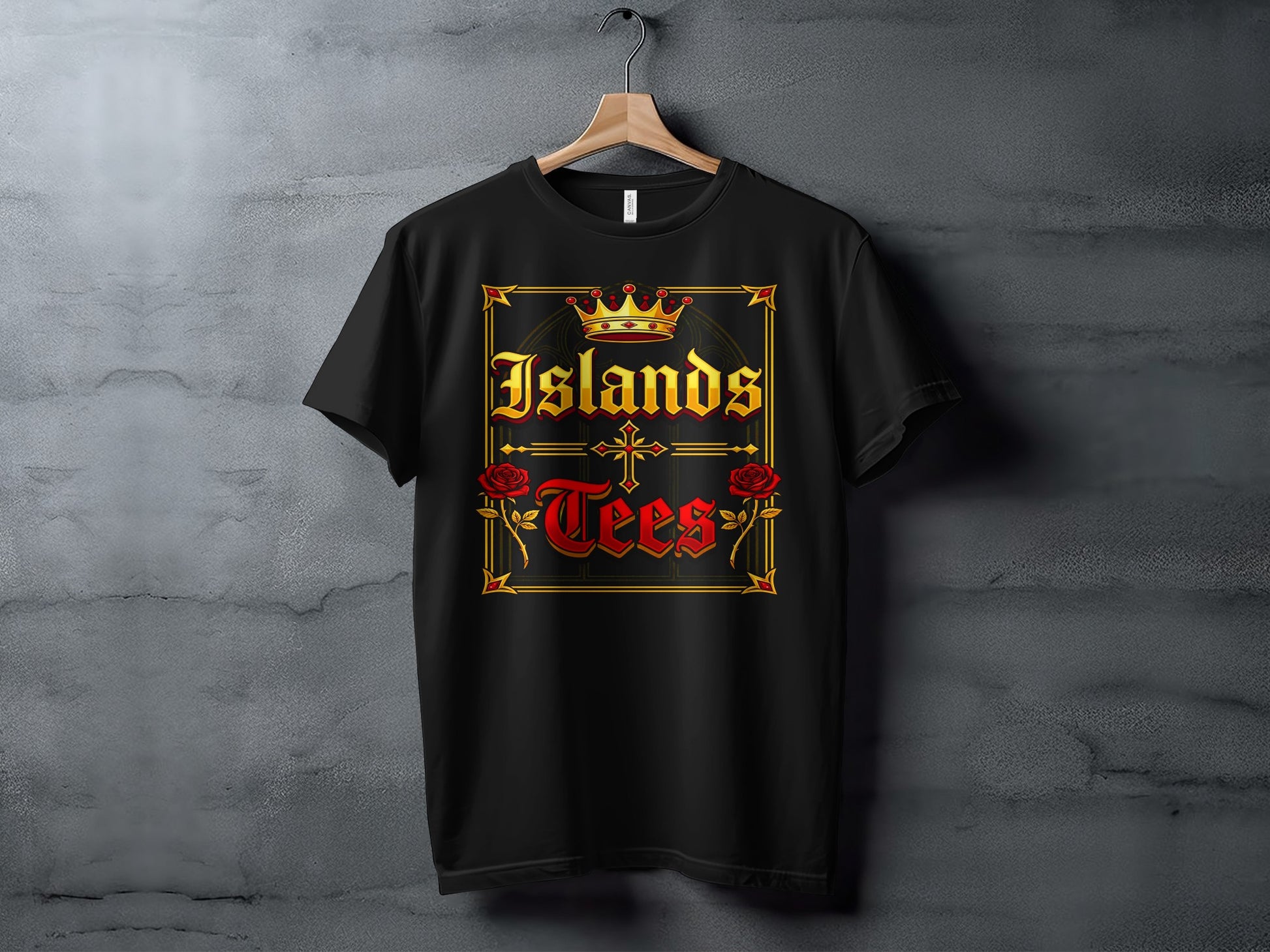 Black t-shirt with "Islands Tees" text, crown, and cross design.