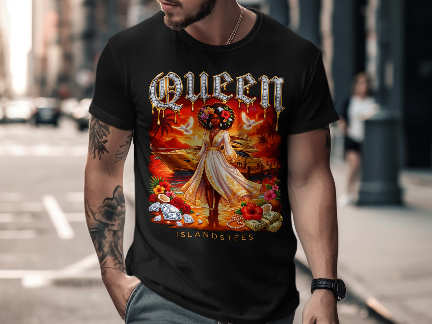 T-shirt with Queen logo, woman in floral crown, yacht, and palm trees.