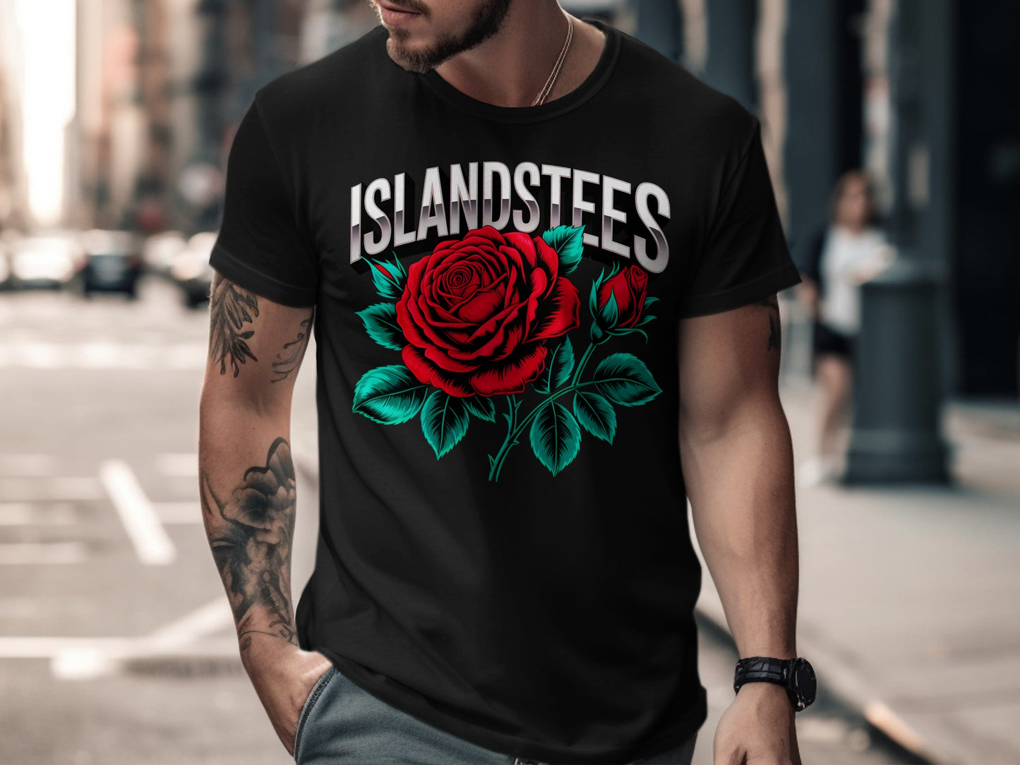Black t-shirt with a large red rose and buds graphic.