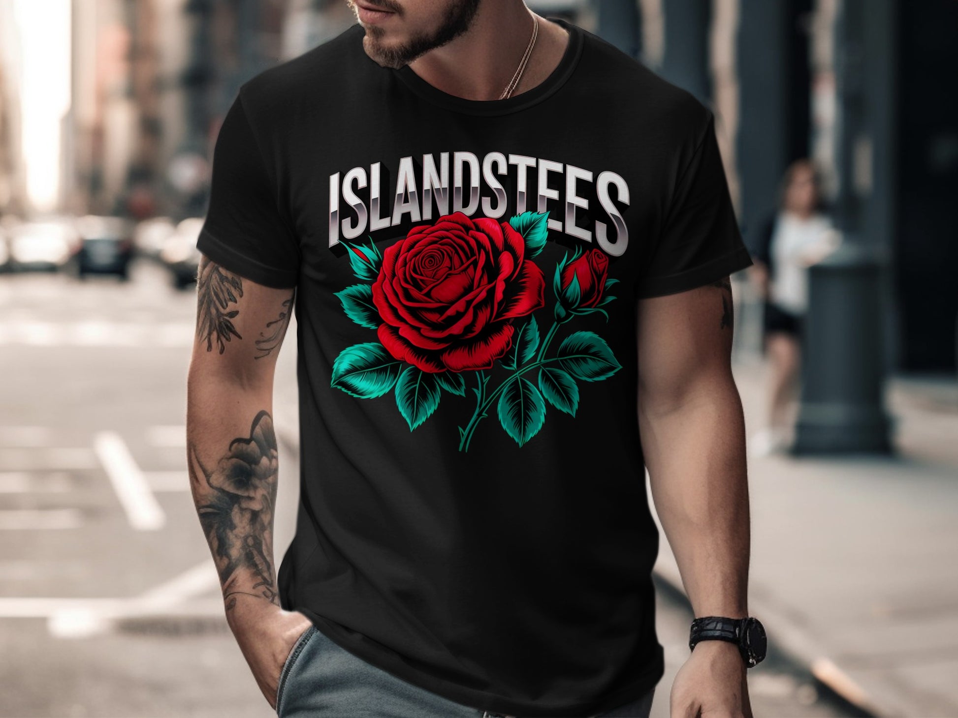 Black t-shirt with a large red rose and buds graphic.