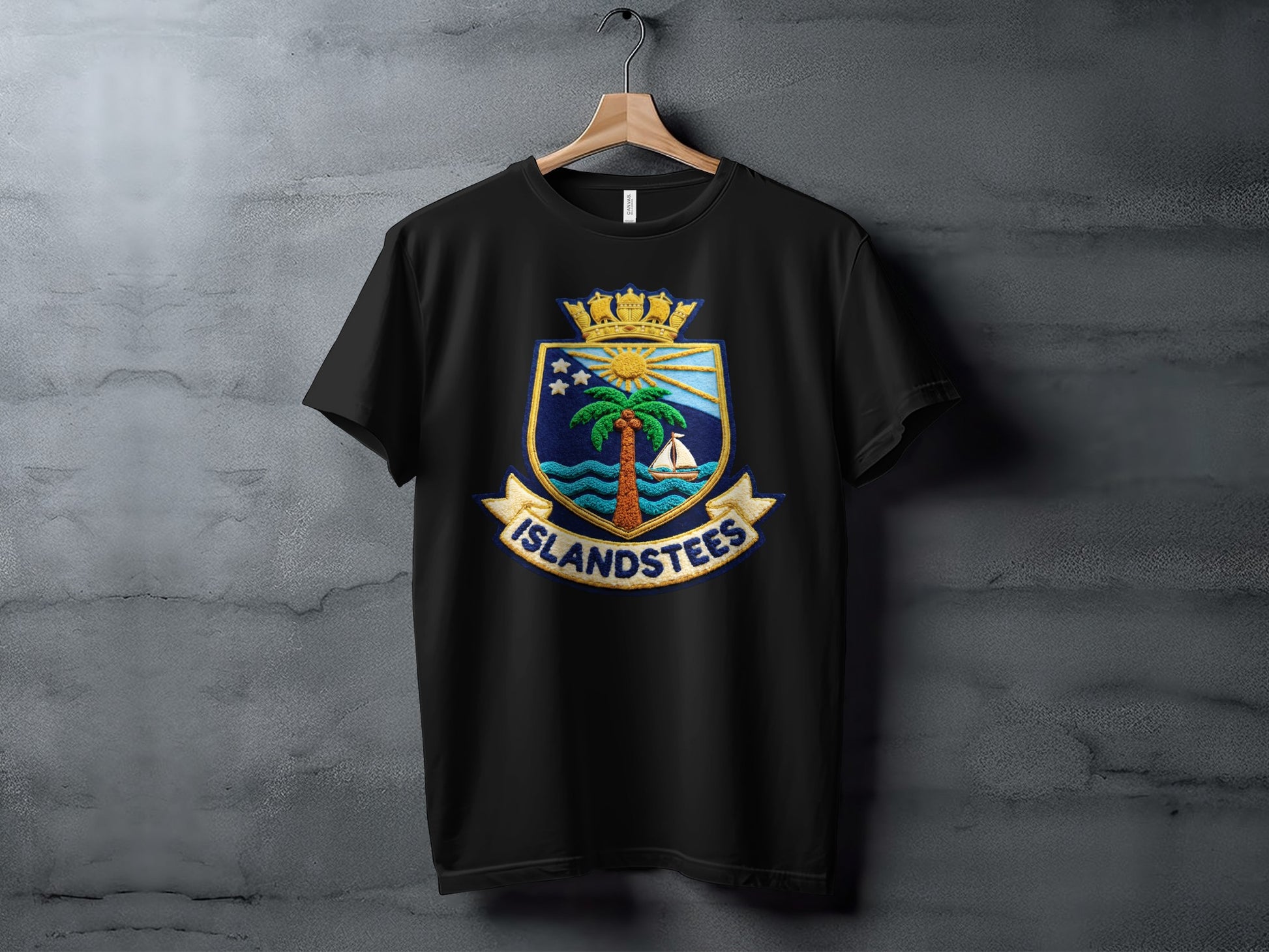 Black t-shirt featuring a crest with a palm tree, sun, and boat.