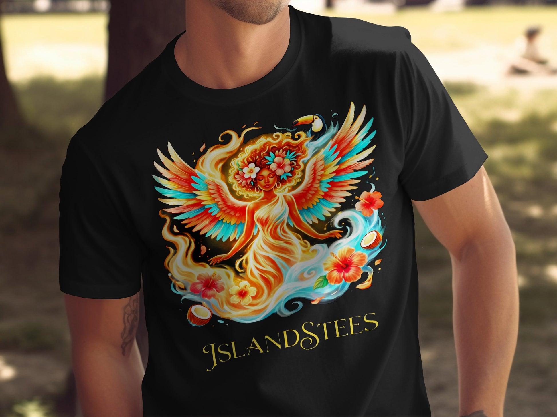 Black t-shirt with colorful angel design featuring tropical flowers and toucans.