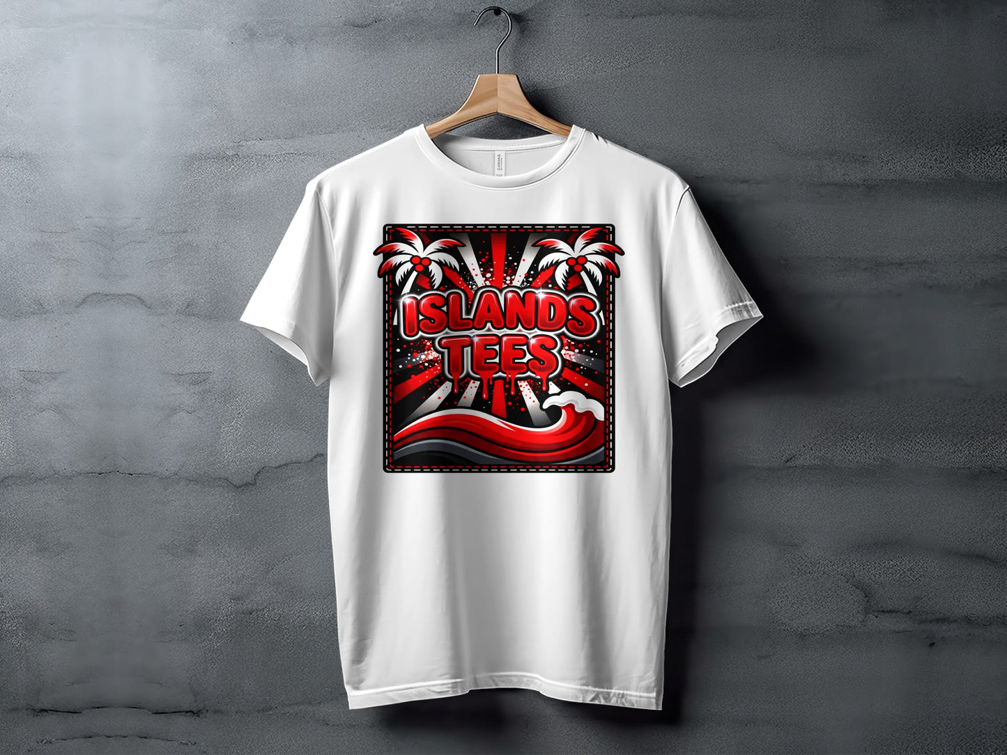 White t-shirt featuring a "Islands Tees" logo with palm trees and waves.
