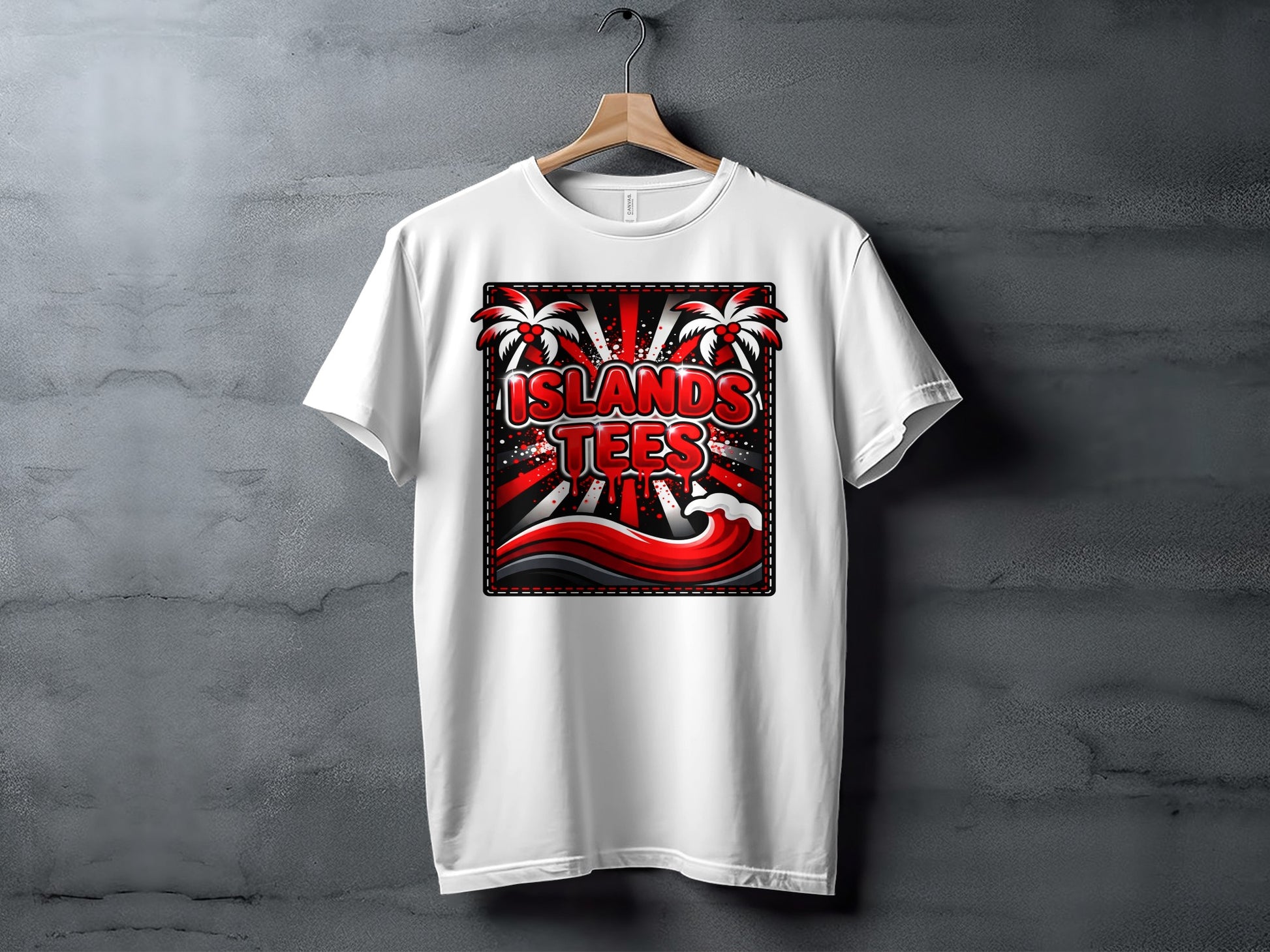 White t-shirt featuring a "Islands Tees" logo with palm trees and waves.
