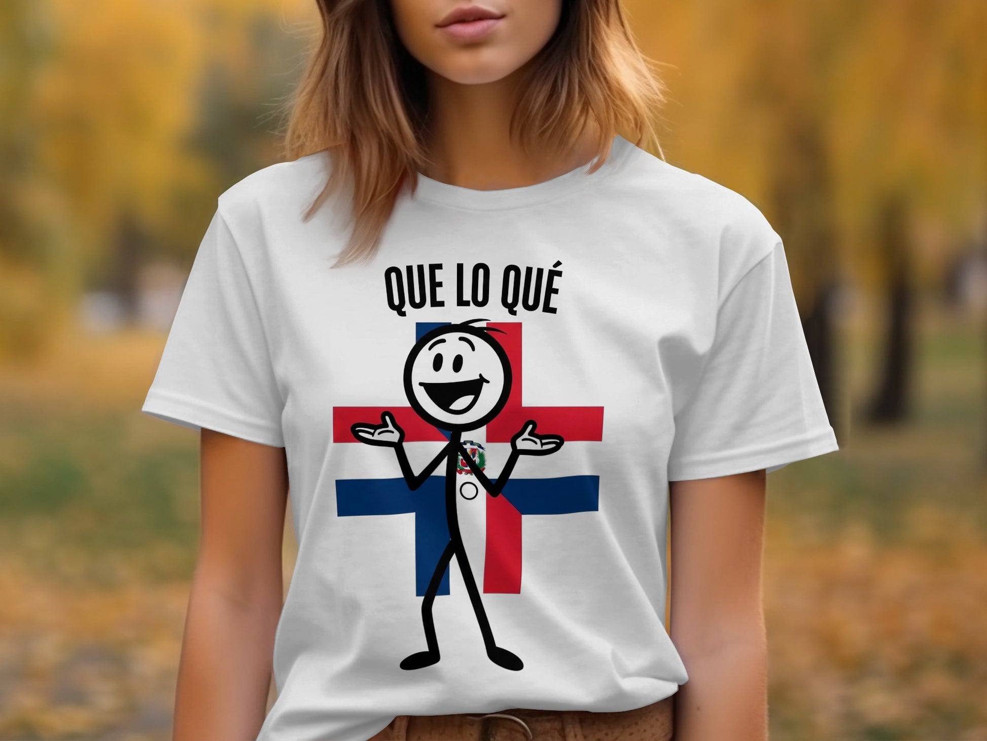 Stick figure with arms outstretched in front of a Dominican Republic flag on a white t-shirt.