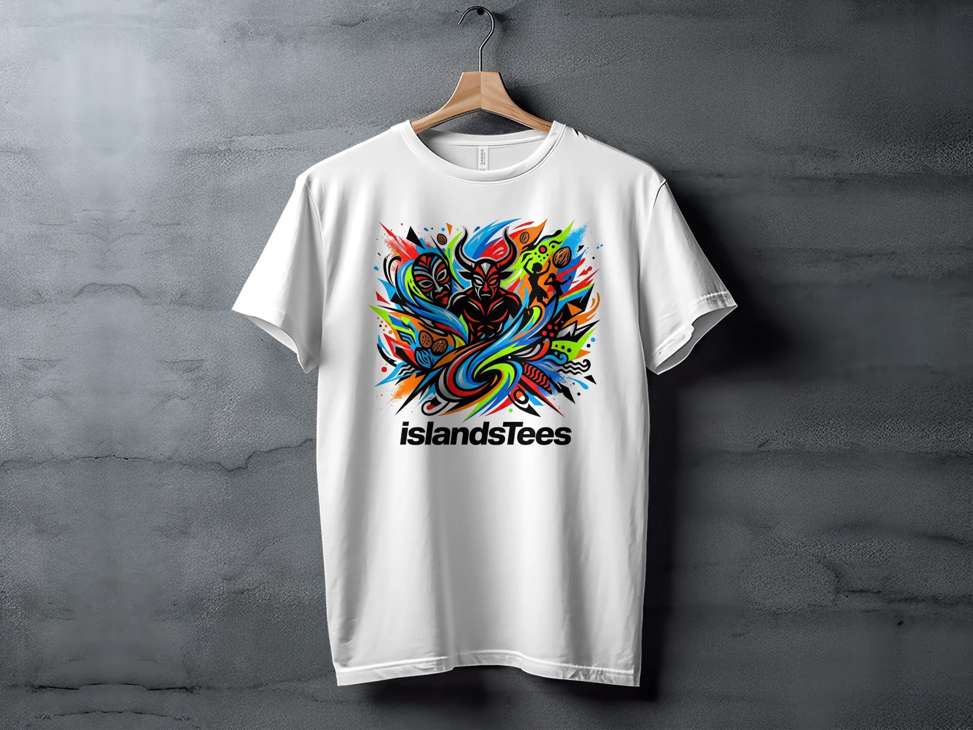 White t-shirt with colorful abstract art and "islandsTees" logo.