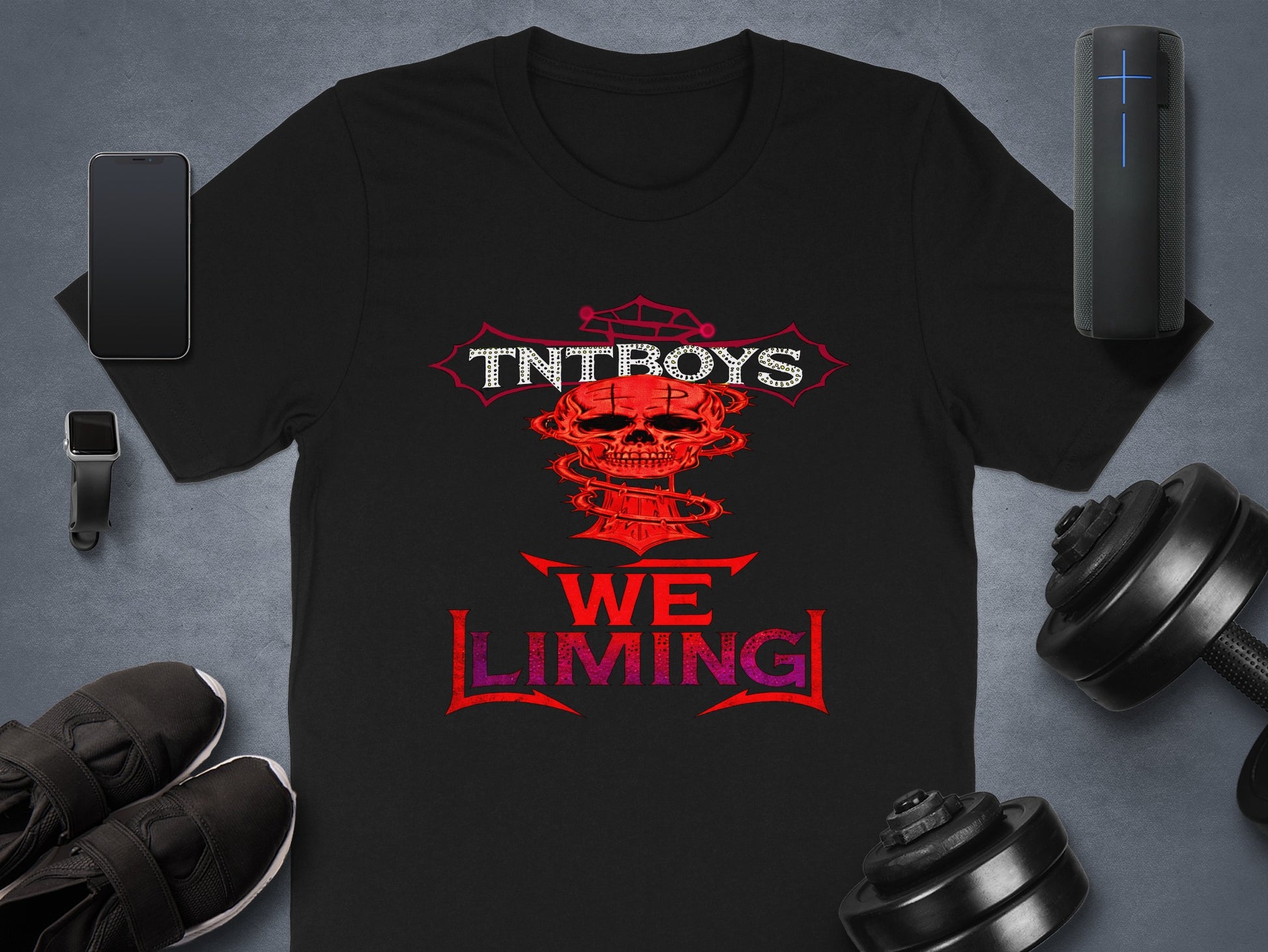 Black t-shirt with red skull and "TNTROYS WE LIMING" text.