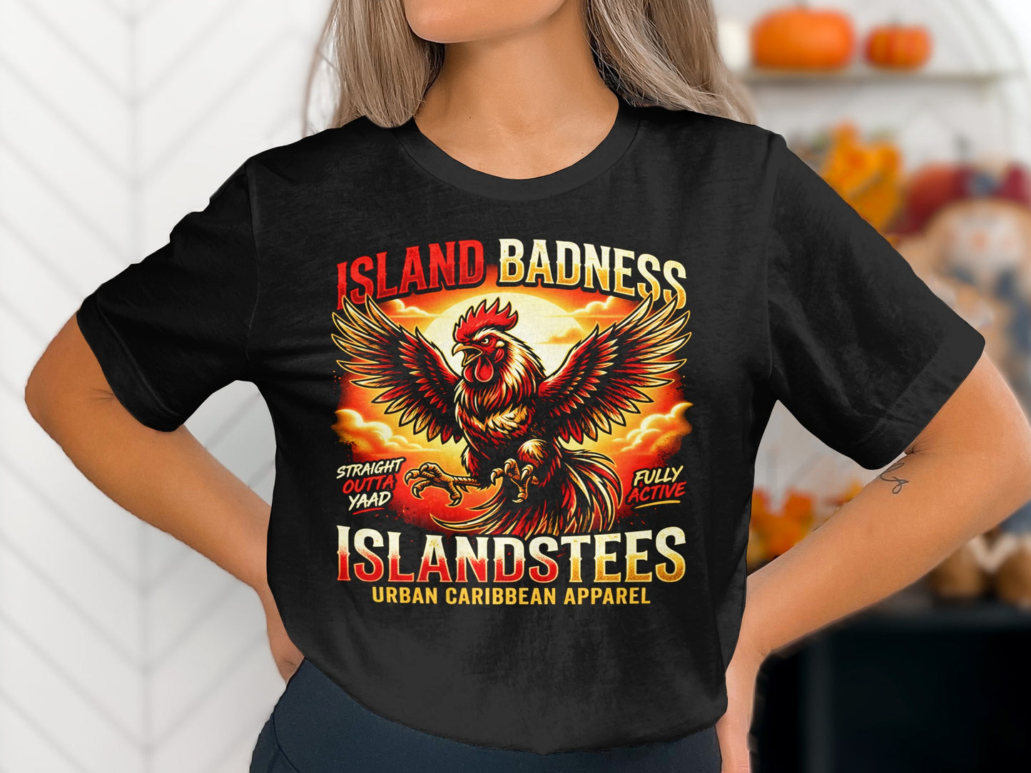 Black t-shirt with a rooster, sun, and "Island Badness" text.