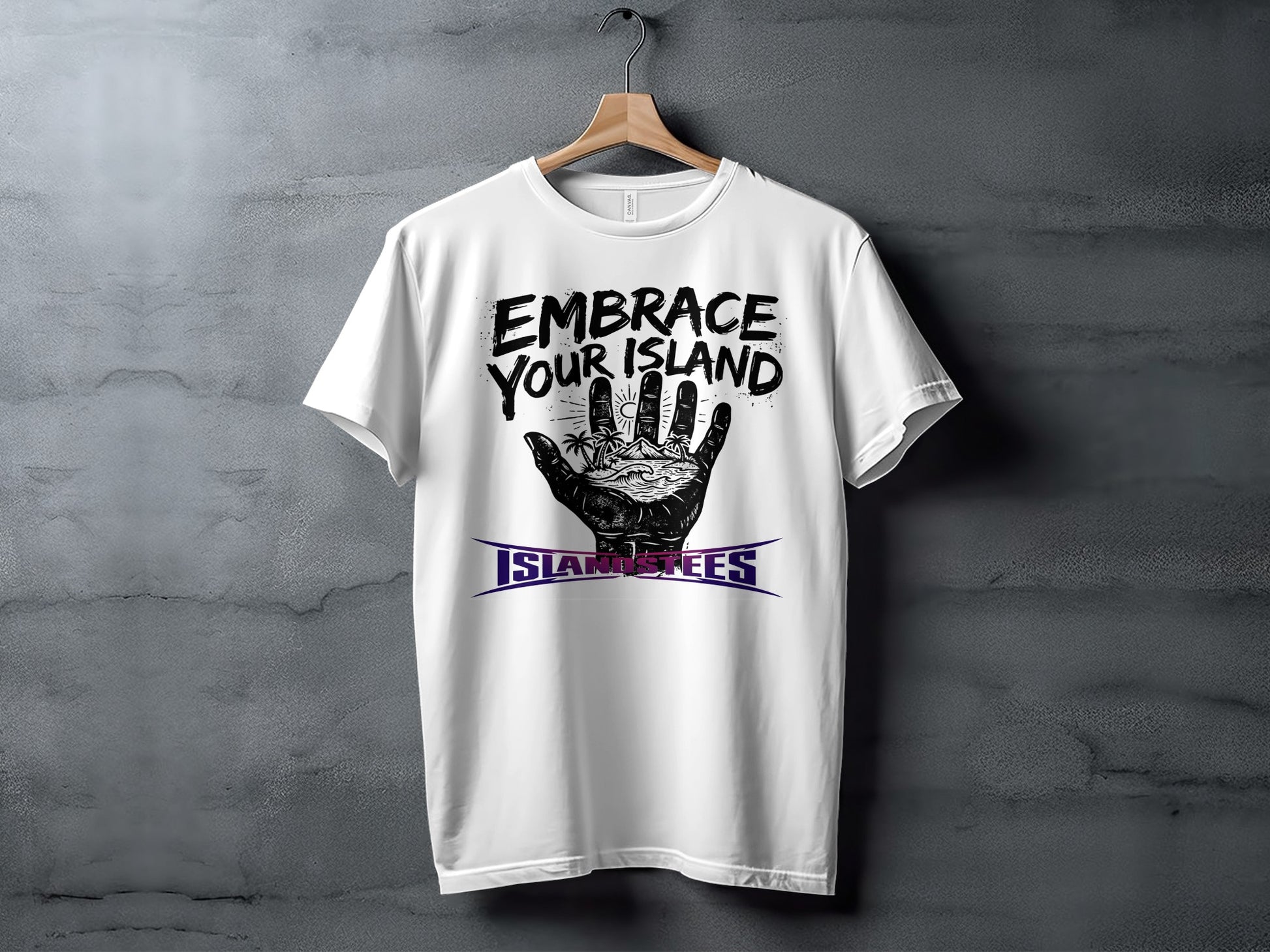 White t-shirt with "EMBRACE YOUR ISLAND" text and hand graphic.