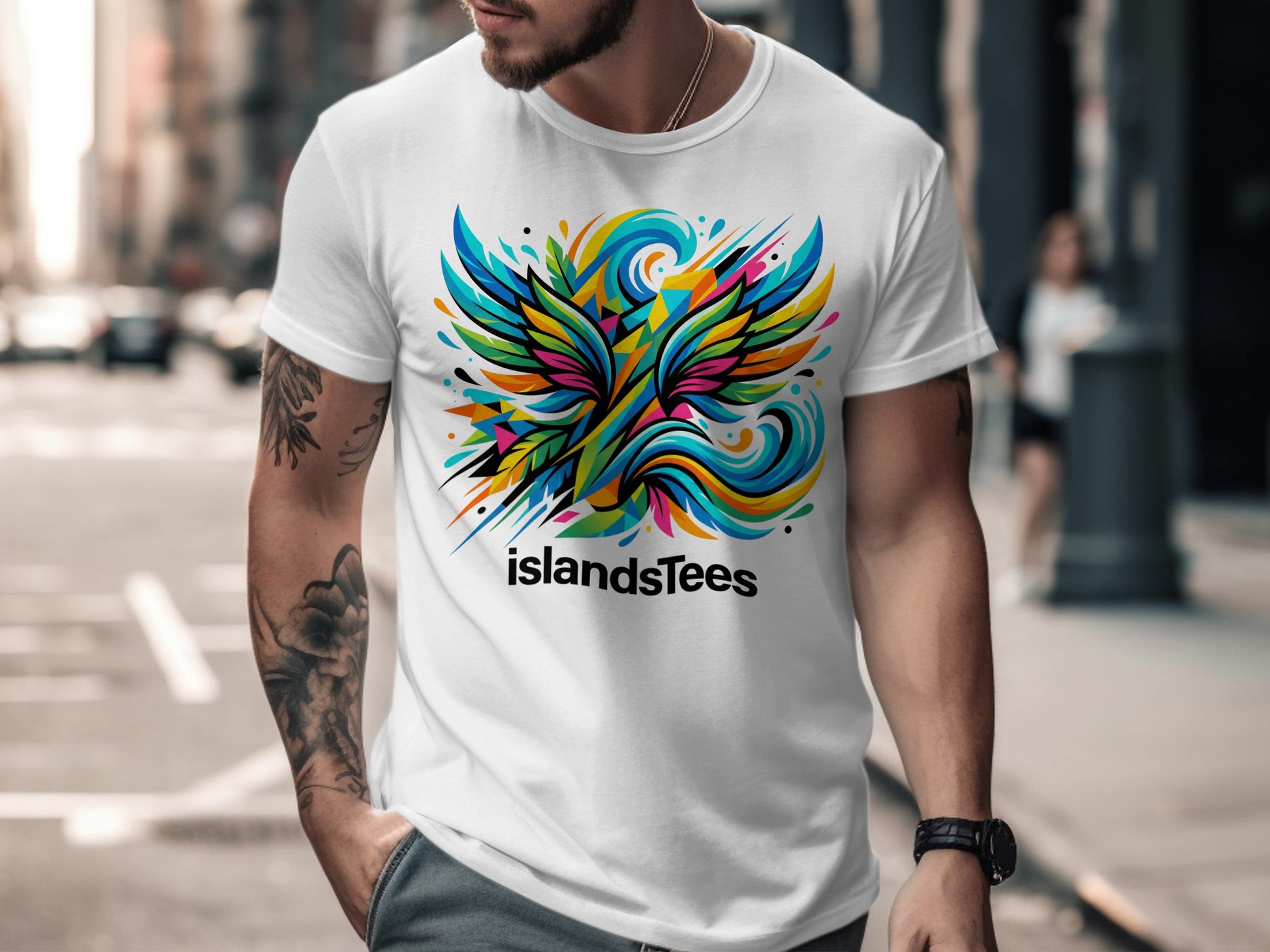 White t-shirt with colorful abstract wing graphic and "islandsTees" logo.
