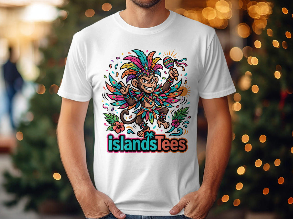 White t-shirt featuring a colorful, winged monkey with a headdress holding a maraca.