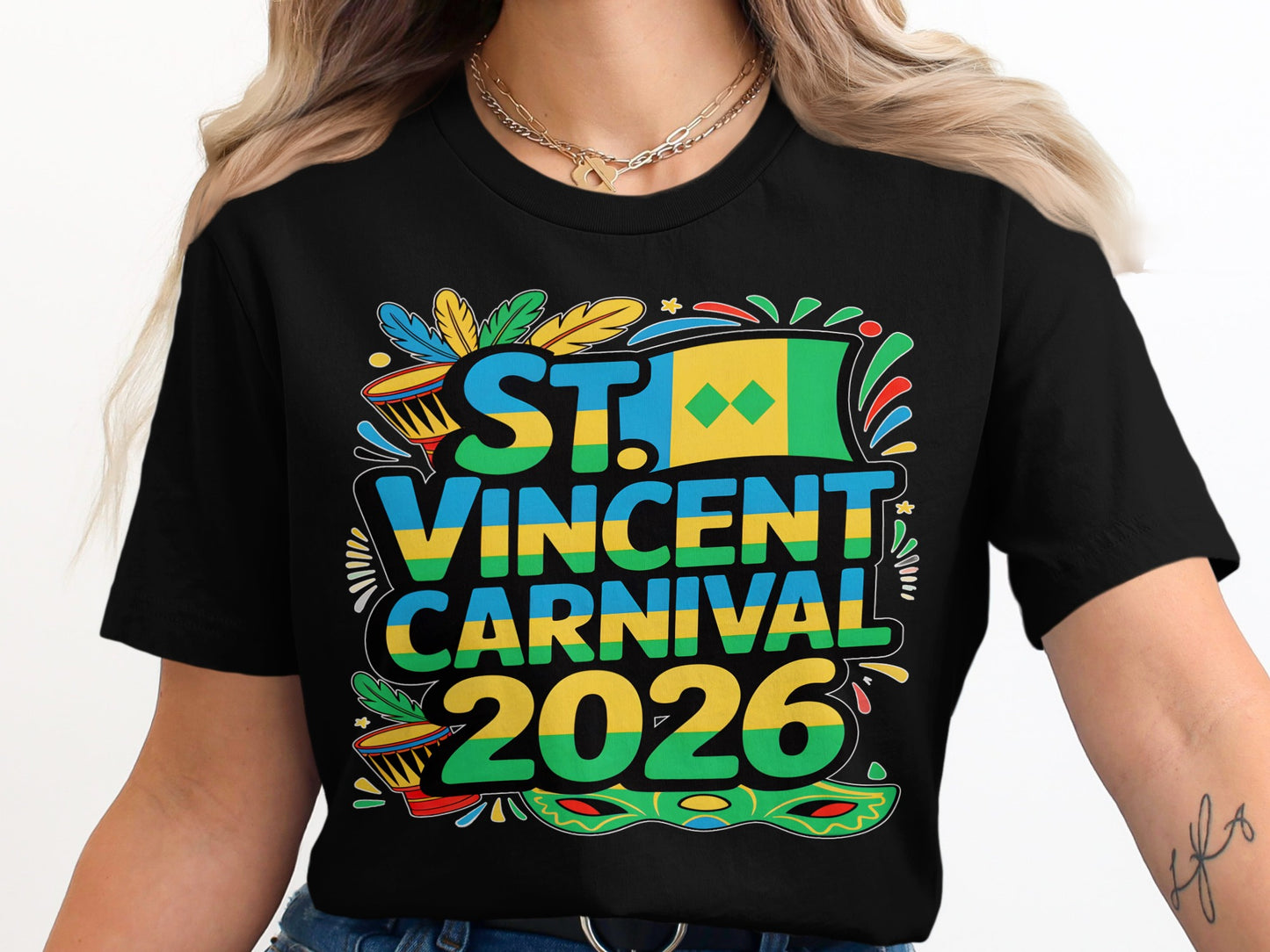 Black t-shirt with "ST. VINCENT CARNIVAL 2026" and colorful carnival graphics.