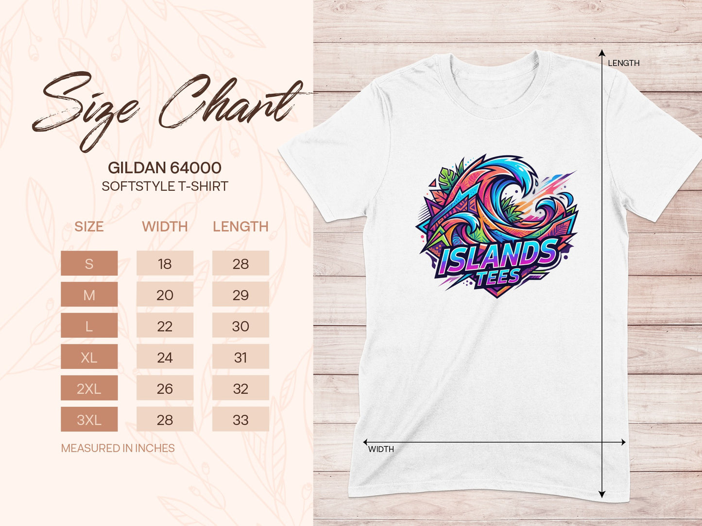 Gildan 64000 Softstyle T-shirt size chart with measurements.