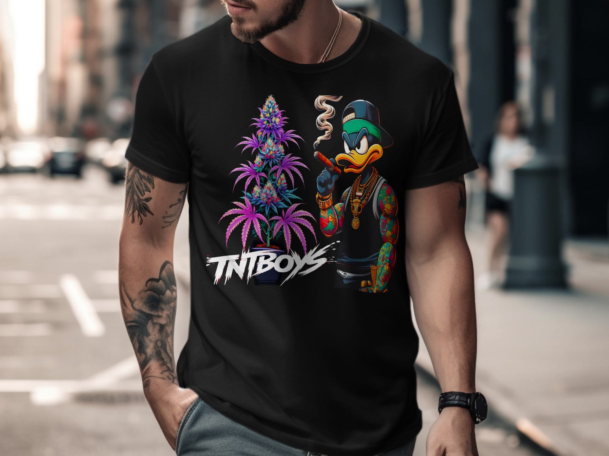Black t-shirt with cartoon duck smoking and cannabis plant graphic.