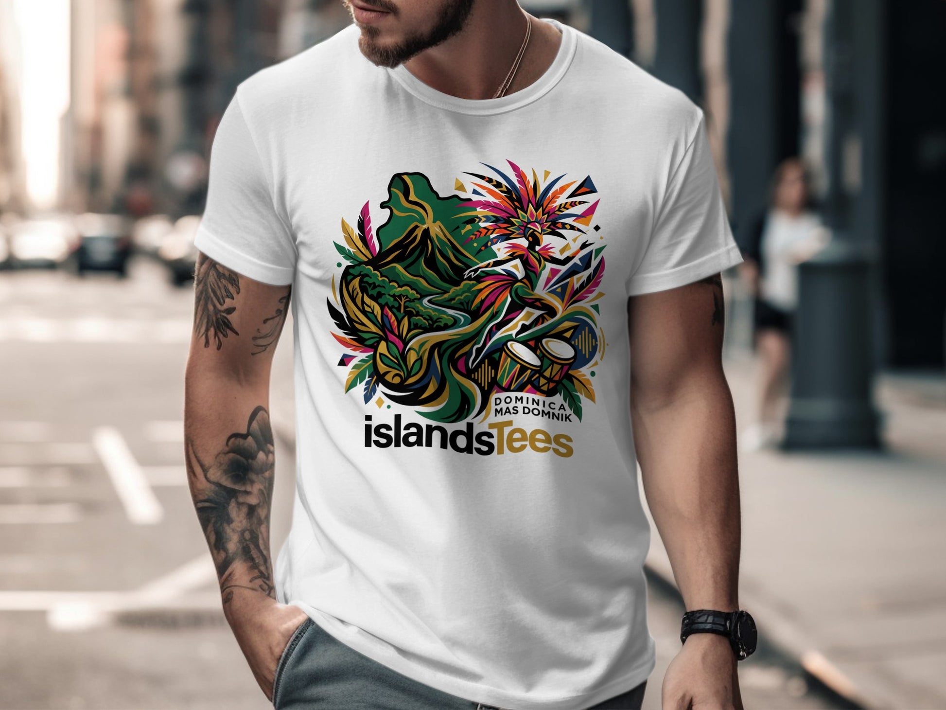 White t-shirt with colorful graphic depicting mountains, dancers, and foliage.
