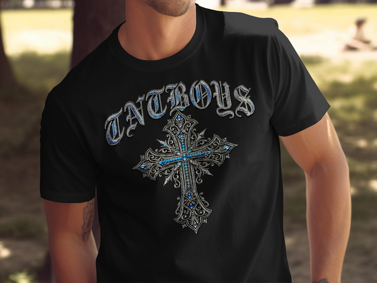 Black t-shirt with ornate cross design featuring blue gems.