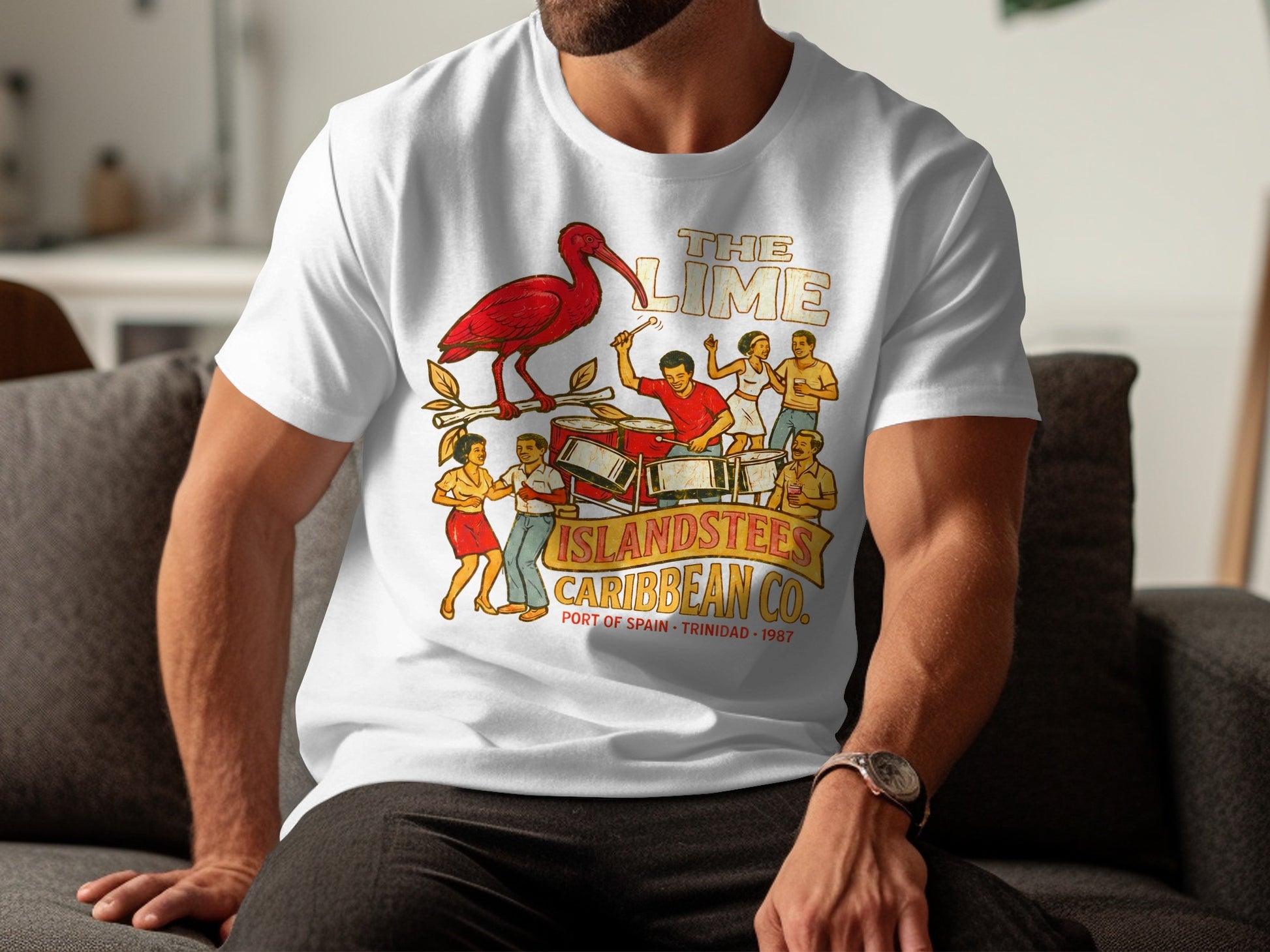 White t-shirt with "The Lime" Caribbean band artwork.