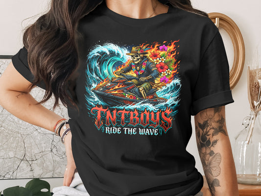 Black t-shirt with colorful graphic of a skeleton riding a jet ski through a wave.
