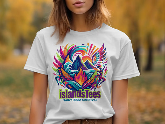 White t-shirt with colorful graphic of mountains, waves, and sun, text reads "ISLANDSTEES SAINT LUCIA CARNIVAL".