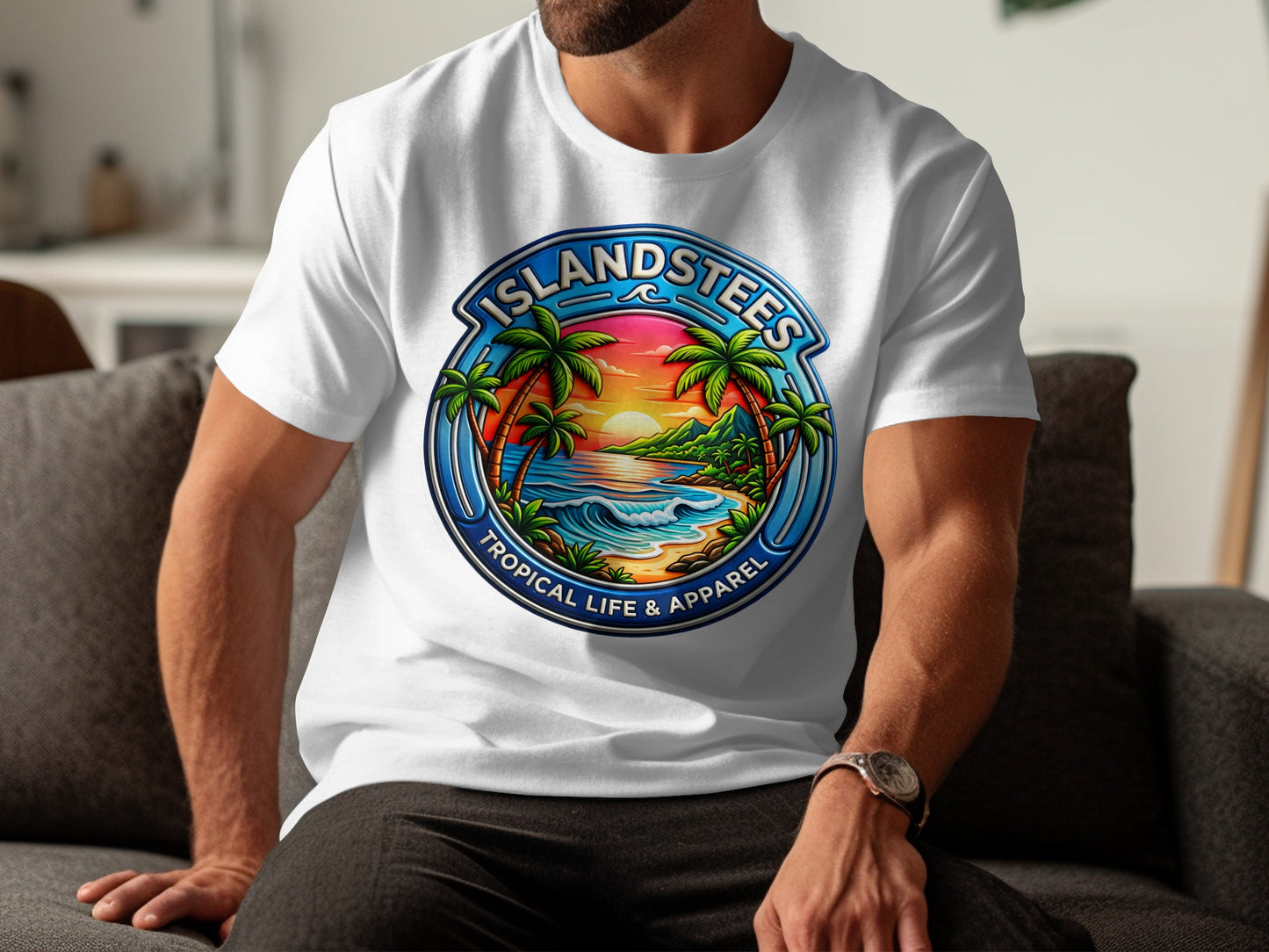IslandStees Tropical Life & Apparel circular logo on white t-shirt.