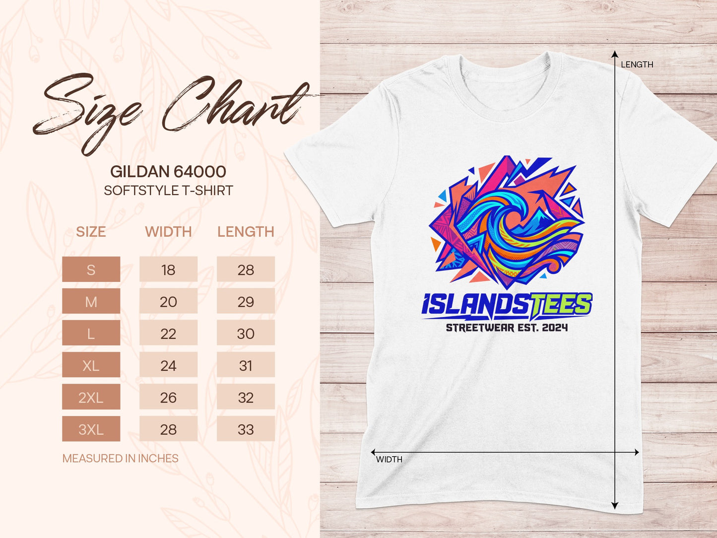 Gildan 64000 softstyle t-shirt size chart with width and length measurements.