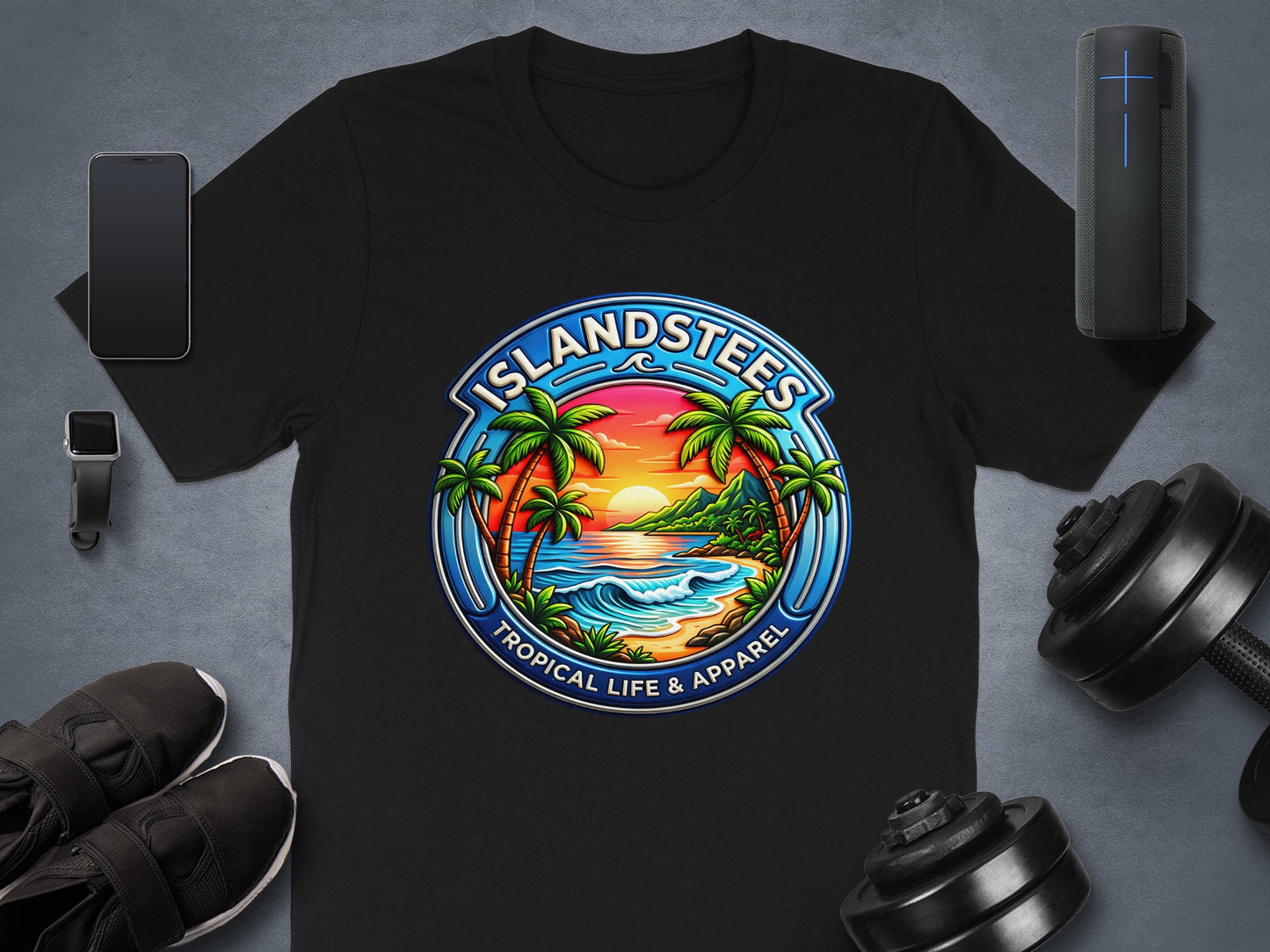T-shirt with circular tropical island sunset design and text "Islandstees Tropical Life & Apparel".