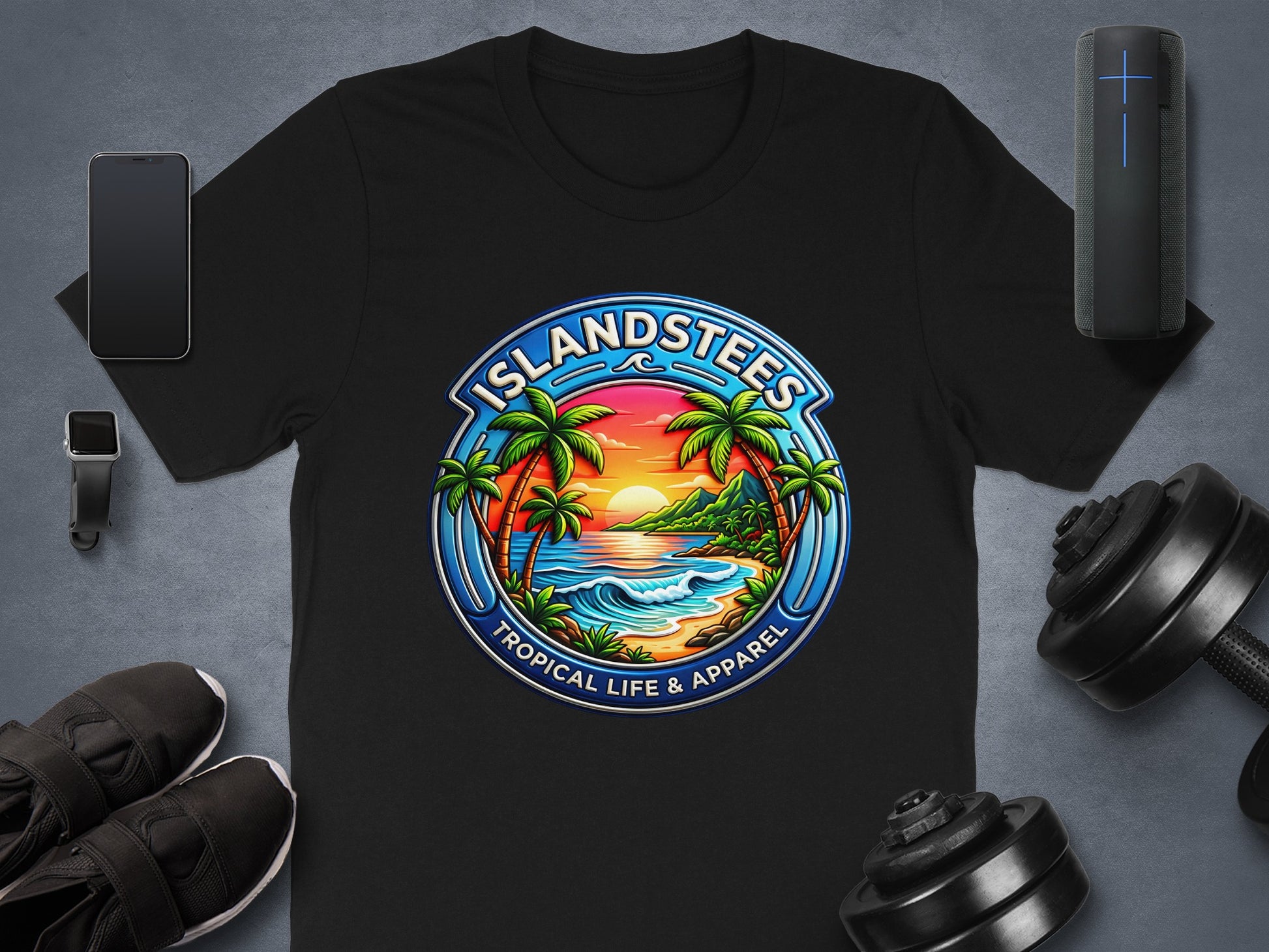 T-shirt with circular tropical island sunset design and text "Islandstees Tropical Life & Apparel".