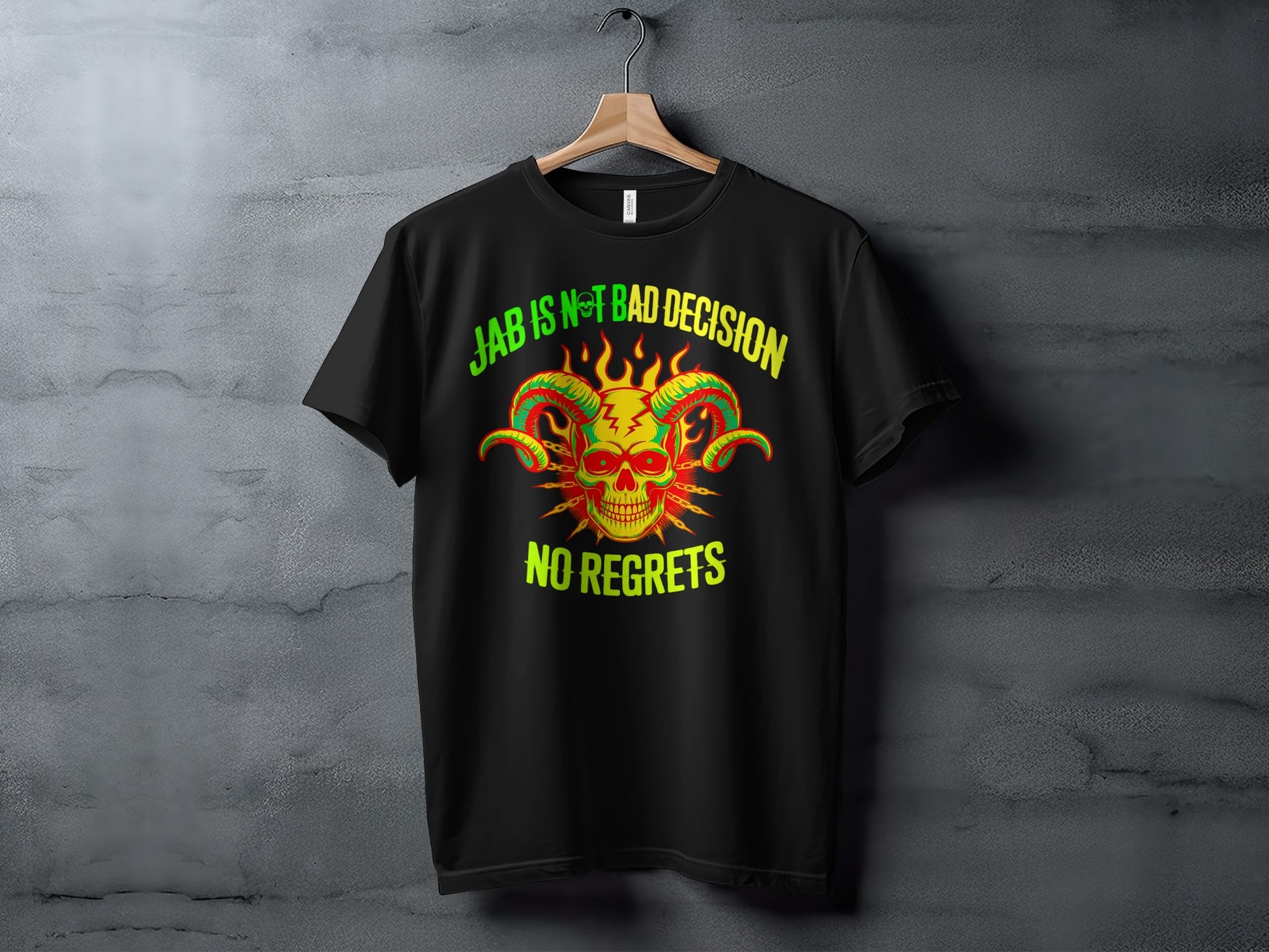 Black t-shirt with skull graphic and text "JAB IS NOT BAD DECISION NO REGRETS".