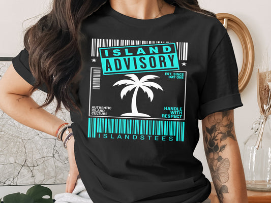 Black t-shirt with "Island Advisory" and palm tree graphic.