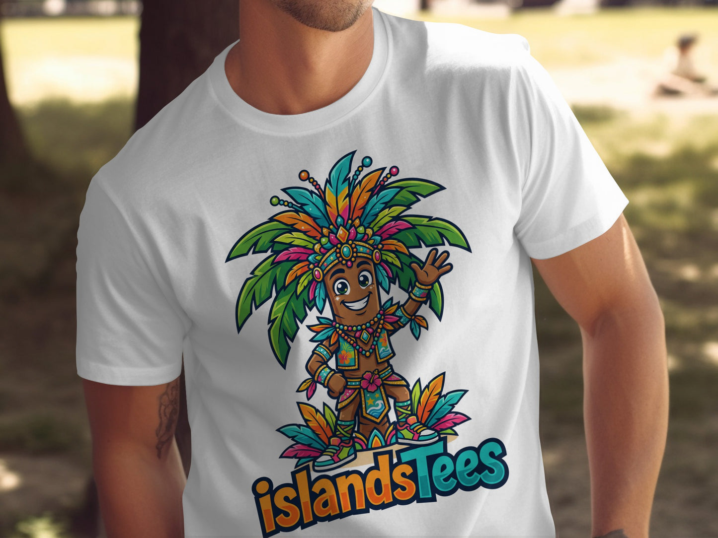 T-shirt graphic with cartoon mascot wearing colorful headdress and "Islandstees" logo.