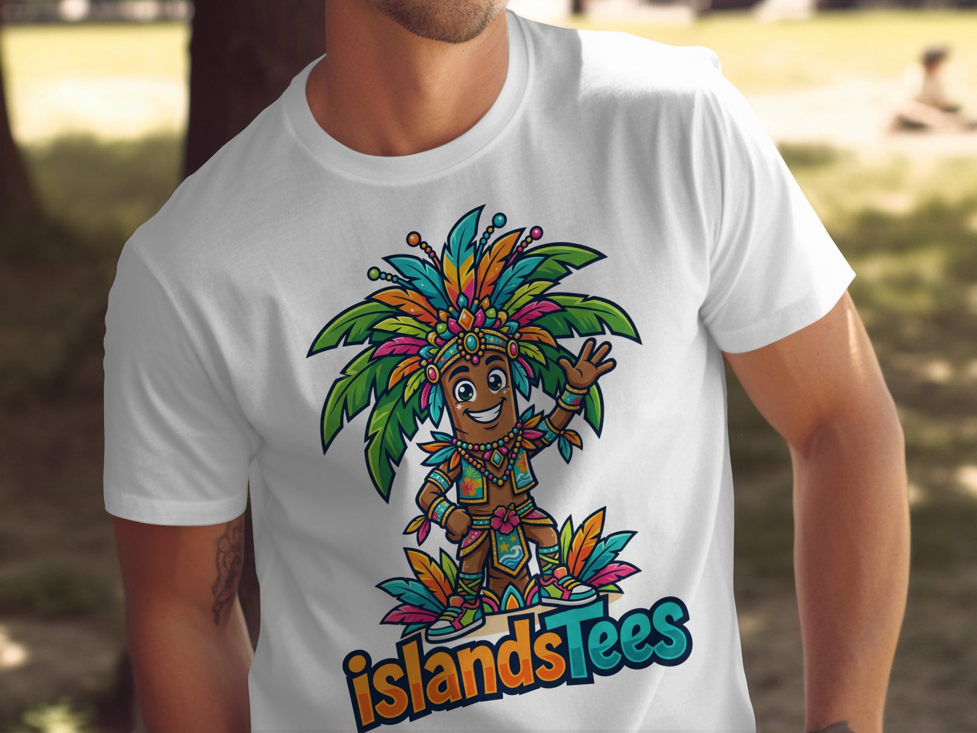 T-shirt graphic with cartoon mascot wearing colorful headdress and "Islandstees" logo.