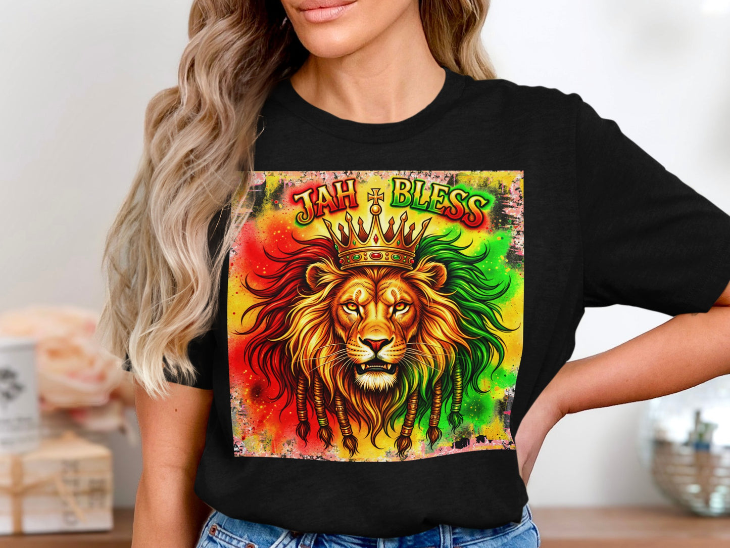 Lion with crown and dreadlocks on colorful background with "JAH BLESS" text.
