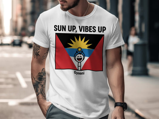 White t-shirt with "SUN UP, VIBES UP" and a smiling sun logo.
