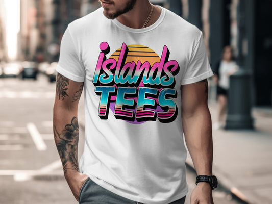 White t-shirt with "Islands TEES" logo featuring retro sunset graphics.
