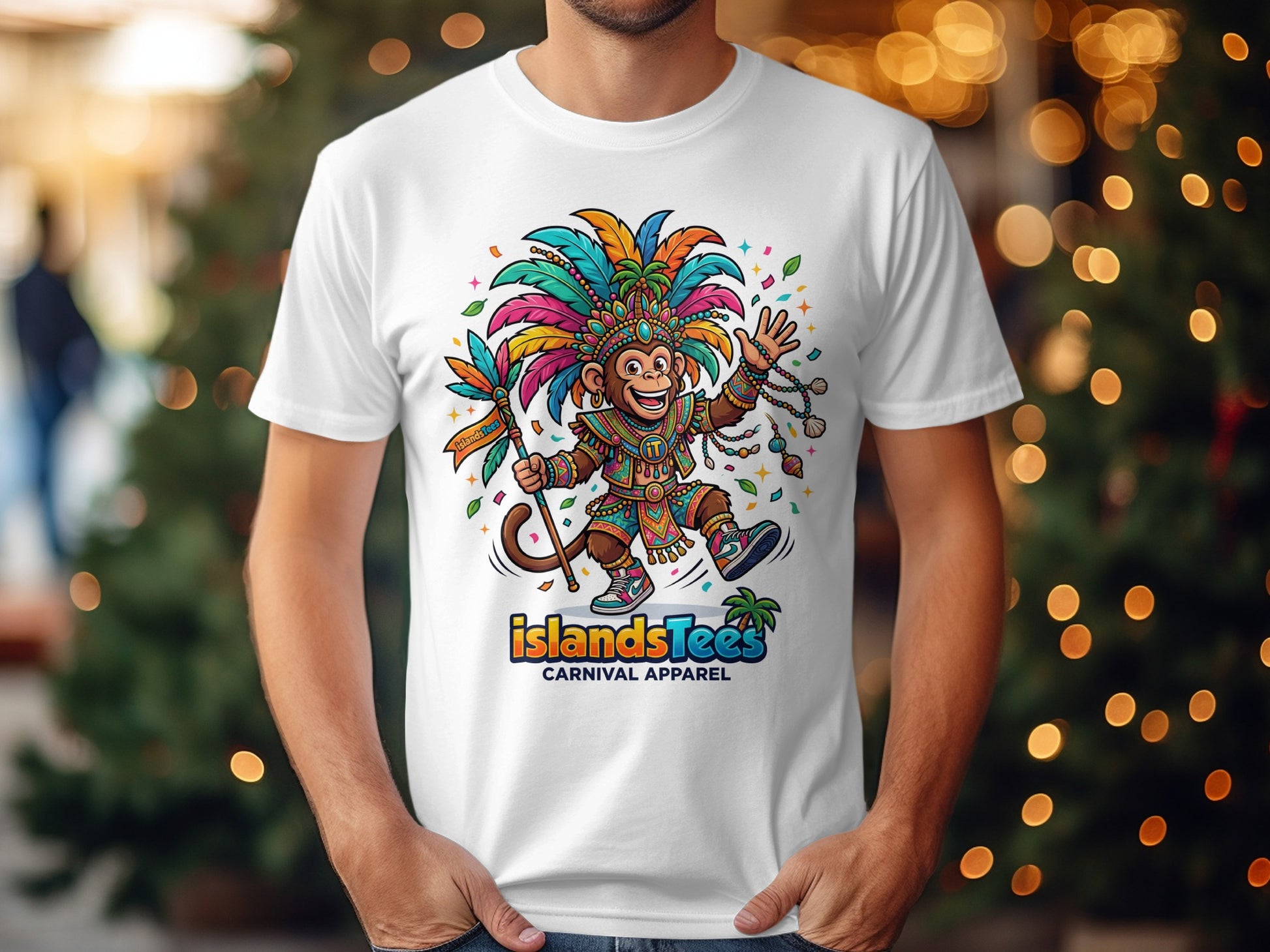 Monkey in carnival costume with "Islands Tees Carnival Apparel" logo.