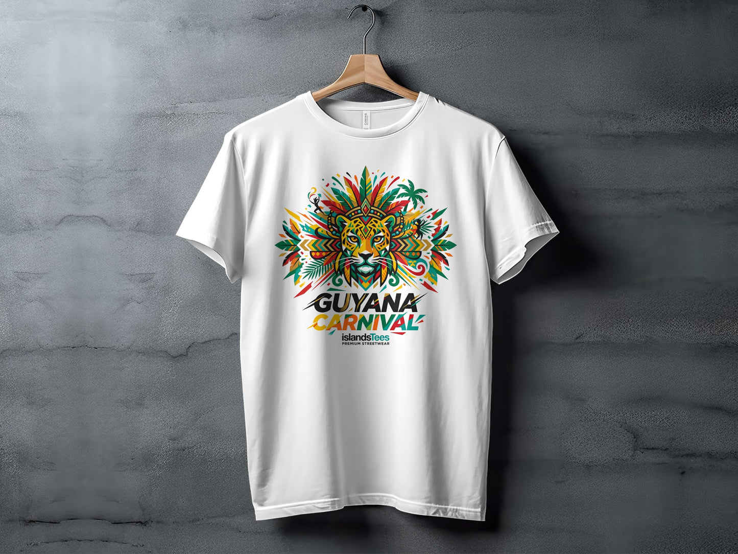 White t-shirt with "Guyana Carnival" text and vibrant jungle animal graphic.
