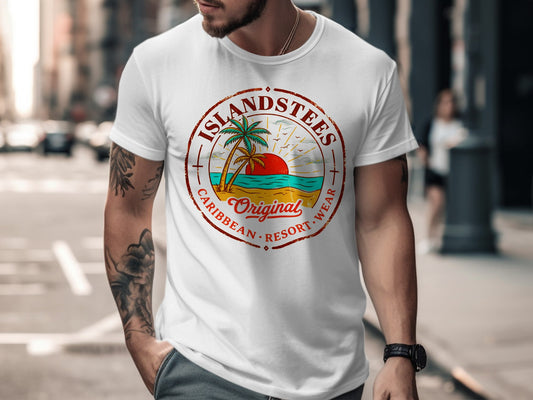 Circular logo with palm tree, sun, and "ISLANDSTEES CARIBBEAN RESORT WEAR" text.