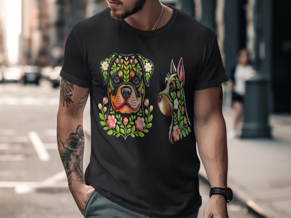 Artistic Floral Dog Print Graphic Men's T-Shirt
