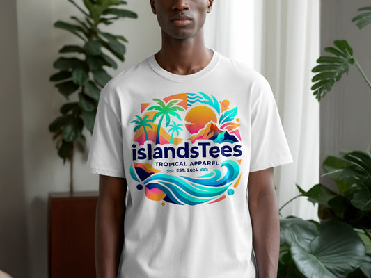 White t-shirt with Islands Tees Tropical Apparel logo, palm trees, sun, and waves.