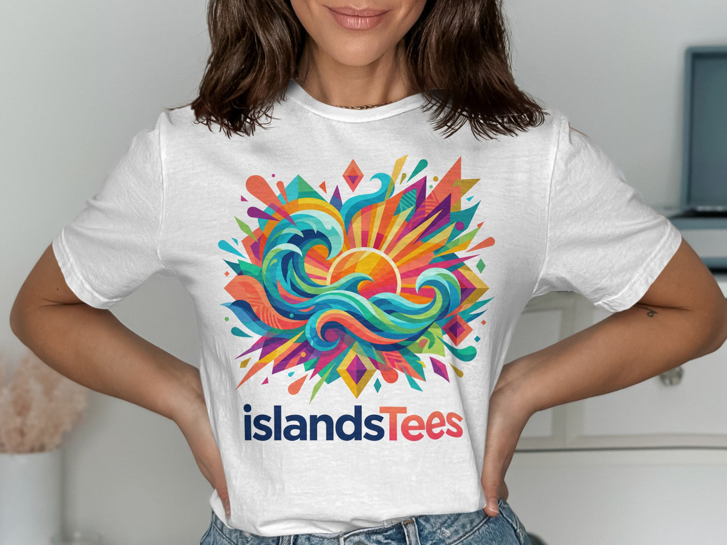 White t-shirt with colorful wave and sunburst IslandsTees logo.