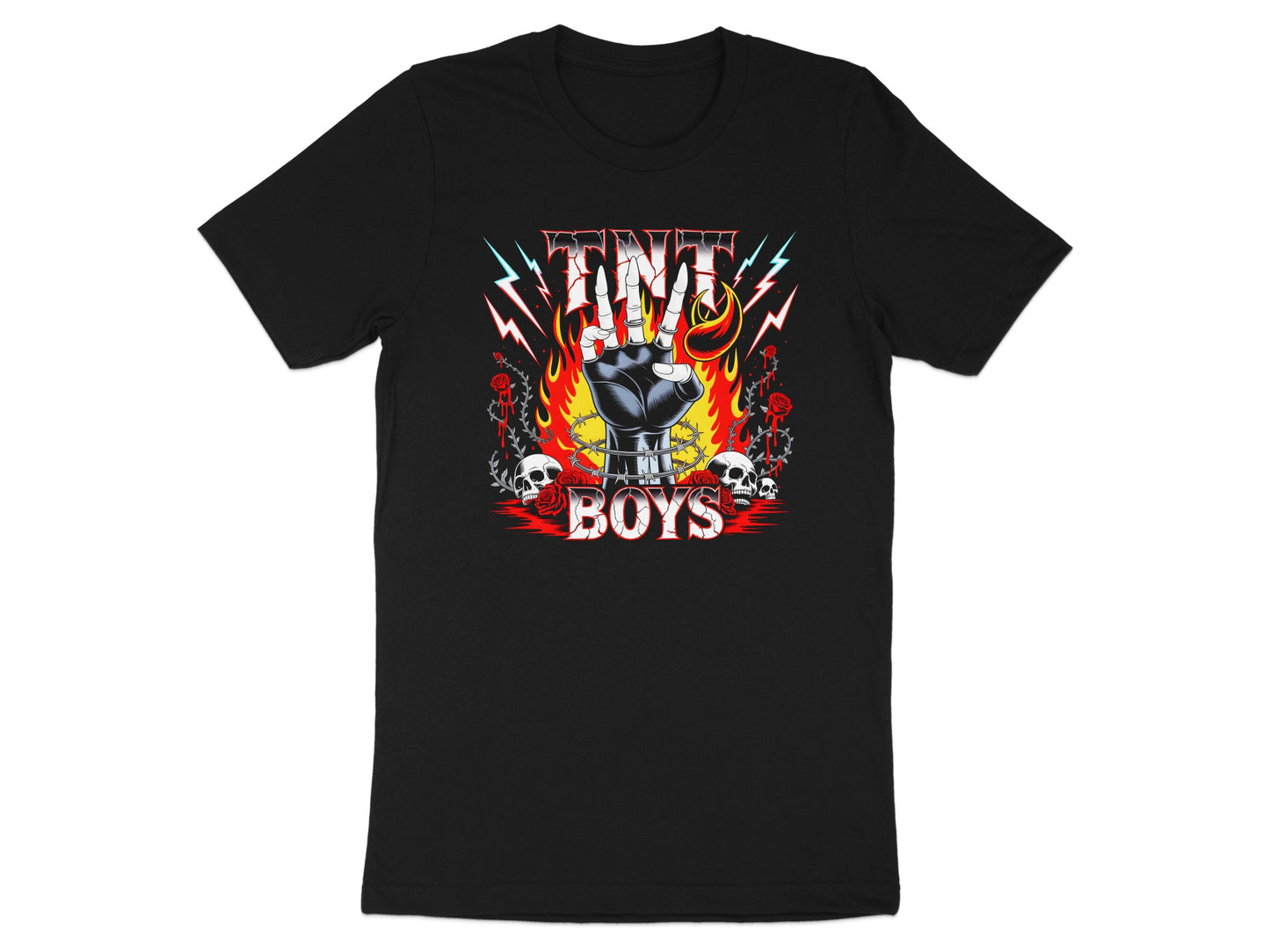 Black t-shirt with TNT Boys logo, skulls, roses, and lightning.