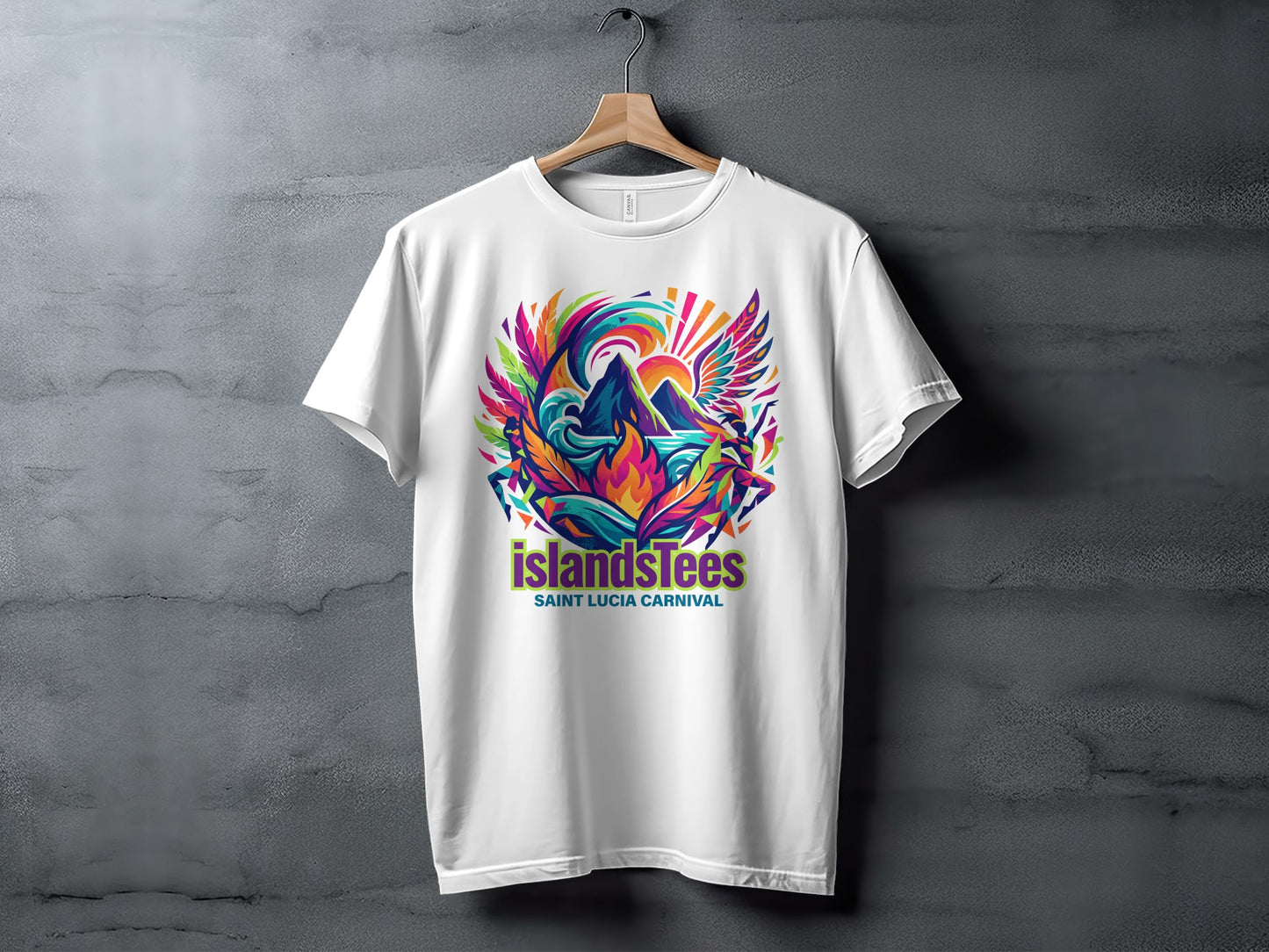 White t-shirt with colorful "IslandsTees Saint Lucia Carnival" graphic of mountains and sun.