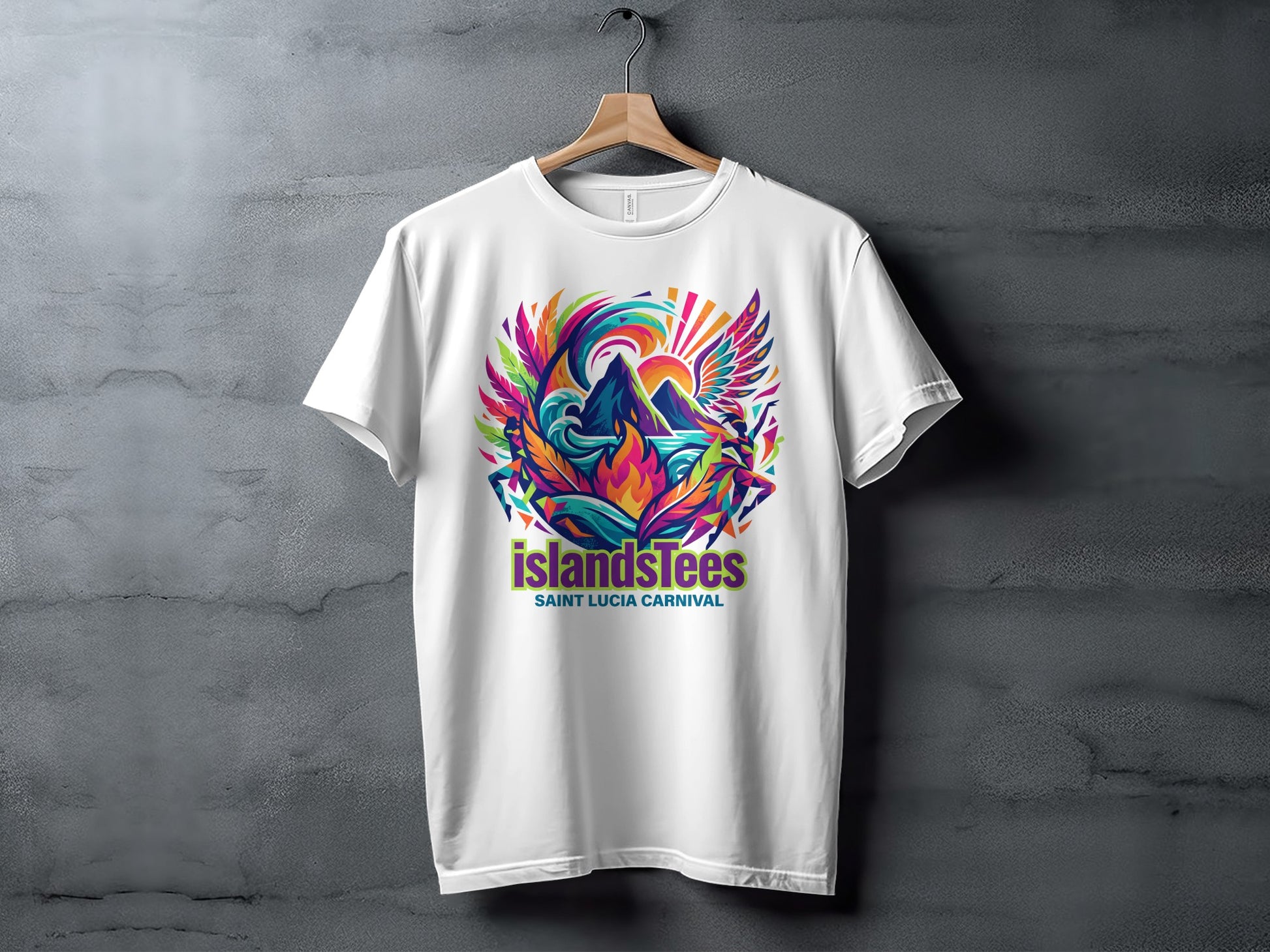 White t-shirt with colorful "IslandsTees Saint Lucia Carnival" graphic of mountains and sun.
