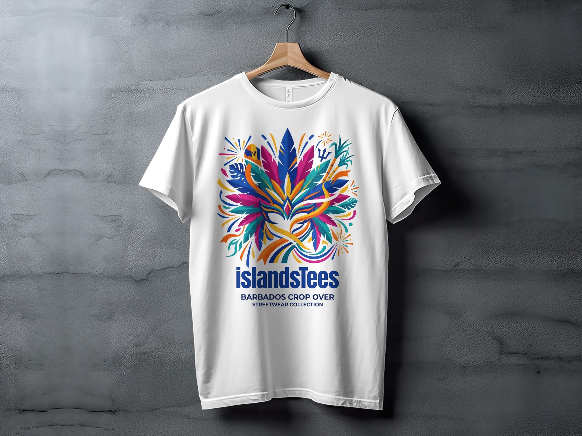 White t-shirt with colorful IslandsTees Barbados Crop Over streetwear collection logo.