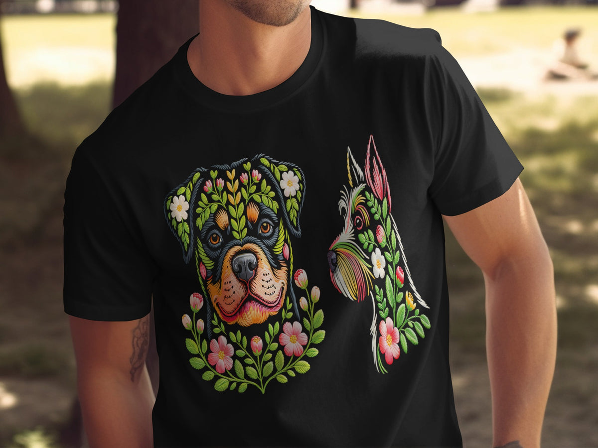 Colorful Floral Dog Art on Black Men's T-Shirt