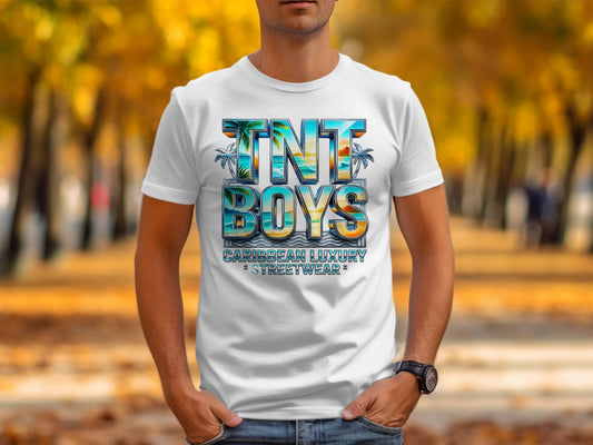 White t-shirt with "TNT BOYS CARIBBEAN LUXURY STREETWEAR" text and palm trees.