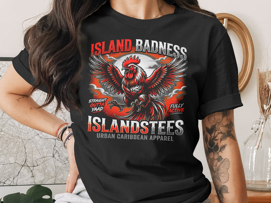 Black t-shirt with rooster graphic and "ISLAND BADNESS" text.