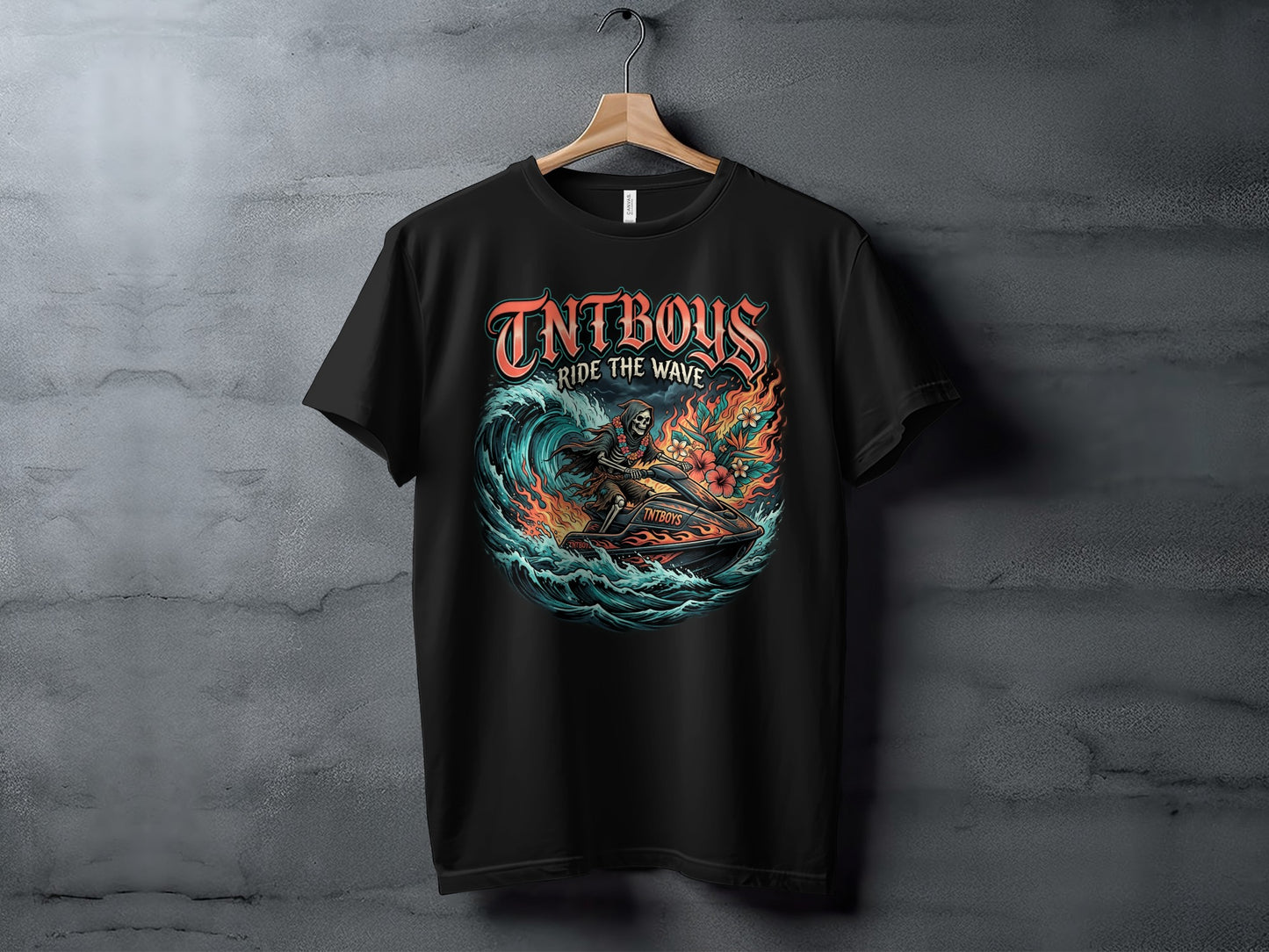 Black t-shirt with "TNTBOYS RIDE THE WAVE" graphic of a jet ski on a wave.